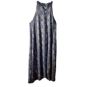 Blue Paisley Halter Style Sleeveless Maxi Dress Rayon M Wood Buttons Lightweight